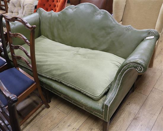 A leather camel back scroll end settee, W.180cm